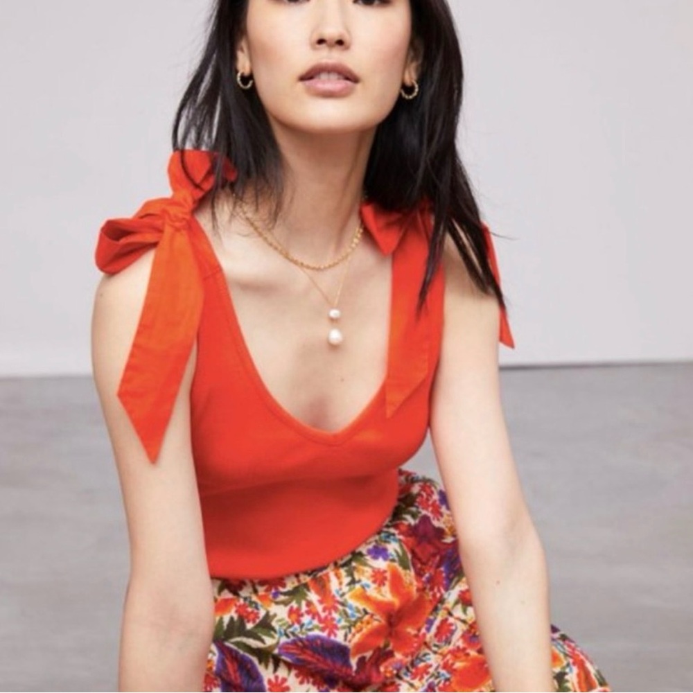Maeve Bow-Tie Ribbed Tank in Orange- Size Medium Quiet Luxury Coastal Summery